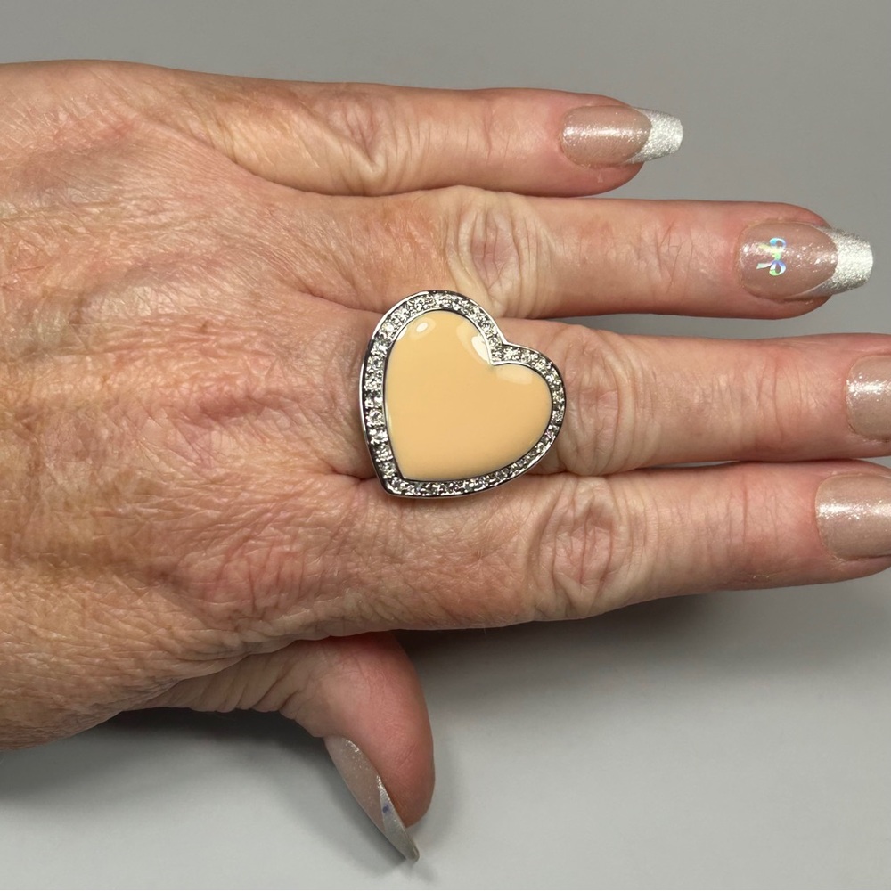 Camille Lucie Cream Enameled CZ Silver Heart Ring